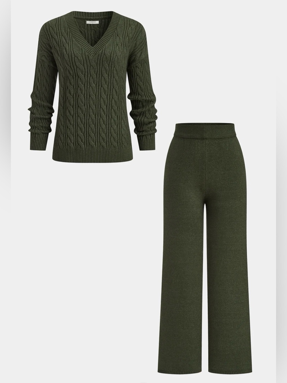 Commense Cable-Knit V-Neck Sweater & Wide-Leg Knit Pants Set
